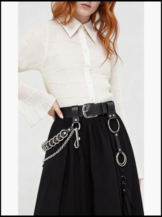 Adjustable Faux Leather Punk Chain Belt with Alloy Rings & Clip Chain main image 6